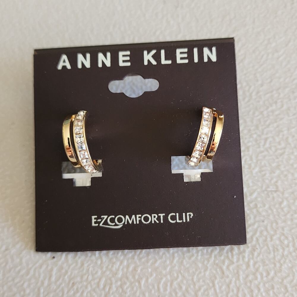 Anne Klein E-Z Comfort Clip-On Gold Crystal Hoop Sparkly Classic Earrings